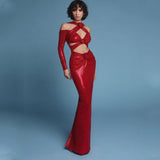 New Women's Sexy V-Neck Long-Sleeved Dress High-End Decorative Flowers Under The Fork Dress Long Model 68HZ