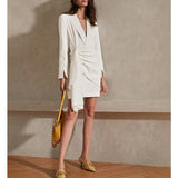 Designing A White V-Neck Banquet French Famous Style Dress Girded Long Sleeve Skirt 68HZ
