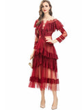 Vintage Round Collar Lotus Side Spliced Long Sleeve Elegant Lace Wine Red Dress Women's Autumn New 2025 68HZ