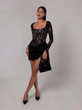 Long-Sleeved Sexy Lace Fish Bone Girded Waist Dress Autumn And Winter New Short Dress 68HZ