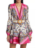 Bohemian Wind Print Lotus Leaf-Side Dress 2025 Summer New V-Neck Lantern Sleeves To Close The Waist Thin Skirt Woman 68HZ