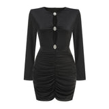 High-End Sexy Hollow Decoration Diamond Buckle Long-Sleeved Dress Women's New Small Pure Desire To Decorate The Design Dress 68HZ