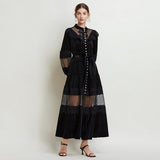 Court-Style Dress Women's French Retro Fashion Collar Pearl Single Buckle Lace Splicing Velvet Swoon Long Dress 68HZ