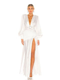 Evening Dress Women 2025 New Autumn Sexy Open Fork Lantern Sleeves Thin Famous French-Style Fasting Long Skirt 68HZ