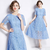 Summer Dress New Short-Sleeved Lace Dress Women's Long-Singed Flower Hollow Purple High-Waist Aa Skirt Thin 68HZ