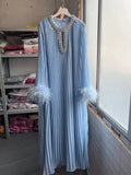 Spring And Autumn 2024 New Round-Necked Nail Pearl Feather Cuffs 100-Fold Loose Mid-Long Dress Dress Dress Women's Leisure 68HZ