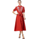 Heavy Industry Embroidered Flower Lily Collar Short Sleeve Tie Tight Waist High Dress Station Spring And Summer Woman 2025 68HZ