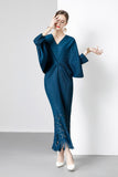 Miyako Dress 2025 Summer New Temperament Relaxed Bat Sleeve V Collar Thin Fish Tail Folded Long Dress 68HZ