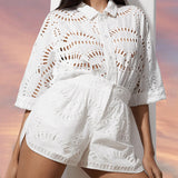 2025 New Embroidery Hook Design Medium Long-Sleeved Shirt Top + Casual High-Waist Shorts Fashion Two-Piece Set Of Women 68HZ