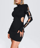 Black Long-Sleeved Bows Hollow Dark-Cuffled Mini Skirt Babes Twinning Dress 68HZ