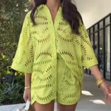 2025 New Embroidery Hook Design Medium Long-Sleeved Shirt Top + Casual High-Waist Shorts Fashion Two-Piece Set Of Women 68HZ