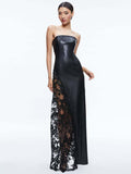 INS Solid Color PU Leather Fashion Temperament Body-Meared Lace Explosion Sexy Mid-Long Dress Dress Dress 68HZ