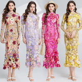 French Light Luxury Heavy Industry Embroidery Three-Dimensional Flowers Waist Long Sleeve Dress 68HZ
