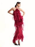 High-End Women's Sexy Lotus Leaf Side Strap Hanging Neck Dress Flower Decorative Perspective Skirt Dress Dress 68HZ