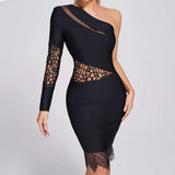 Autumn And Winter New Women's Sexy Lace Single Sleeve Sleeves Hollow Body-Daughter Temperament Bandage Dress Woman 68HZ