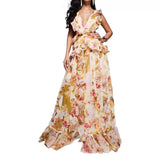Sexy Women's New Stylish Elegant Fine Shoulder With Lotus Leaf Side V-Neck Print Dress 68HZ