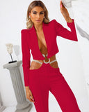Women's Black Fashion Suit Women's Feeling Small Suit Short Top Chain Belt Casual Trousers Two-Piece Set 68HZ
