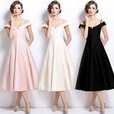 French Temperament Gold And White Shoulder Sling Dress Female Senior Feeling Princess Waist Dress 68HZ