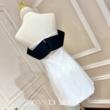 The Temperament Of The Black And White Bumpy Bow Word Shoulder Tidly Strapped Shoulder Tight Belt A-Word Dress Is Not Skinny 68HZ