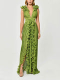 Solid-Color Open Fork Dress 2025 New Autumn V-Neck Wood Ear Design High-Waist Long Dress Woman 68HZ