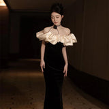 Evening Dress Women Black Shoulder Temperament High-End Fishtail High-Level Adult Banquet Dress Light Luxury Niche 68HZ