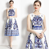 Standing Women's Clothing 2025 Summer New Elegant Temperament Bottom Vest Dress Blue And White Porcelain Printing Dress Women 68HZ