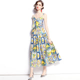 Summer Show Lemon Blue And White Porcelain Print Bows To Collect Waist Thin Holiday Style Long Hanging Dress 68HZ