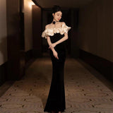Evening Dress Women Black Shoulder Temperament High-End Fishtail High-Level Adult Banquet Dress Light Luxury Niche 68HZ
