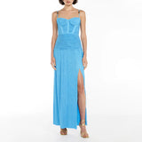 Famous Style Dress 2025 New Temperament Pure Color Folding Open Fork Design Sexy Long Dress 68HZ