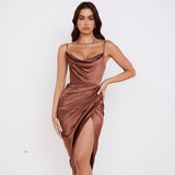 Direct Sales 2025 Spring And Summer New Slings Solid Color V-Neck Irregularly Folded High-Waisted Dress Dress 68HZ