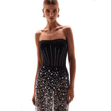 One-Piece Two Sets Of New Mesh Sleeveless Sleeve-Less Braid Nails Nail-Dressed Red Carpet Banquet Dress 68HZ