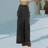 High Street Wind 2025 Summer New High-Waist Long Straight Before The Open Design Denim Pure Color Female Skirt 68HZ