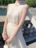 Star Greek Goddess White Dress Spring And Summer French Egyptian Gentle Fairy Holiday Ribbon Hanging Neck Dress 68HZ