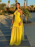 New Solid Color Sexy Hanging Neck Mesh Splicing Dress High-End Temperament Open Dress Dress Dress 68HZ