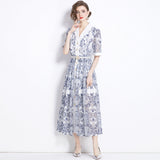 2024 Summer Collar Short-Sleeved Belt-Recely Blue Print Hollow Lace Retro Dress 68HZ