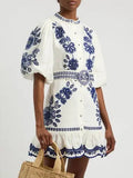 Art Style Single Row Buckle Bubble Sleeve Skirt 2025 New Retro Embroidery Sketch Design Short Dress Women's Summer 68HZ