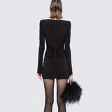 High-End Sexy Hollow Decoration Diamond Buckle Long-Sleeved Dress Women's New Small Pure Desire To Decorate The Design Dress 68HZ