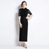 Heavy Industry Hot Diamond Net Yarn Designer Temperament Three-Dimensional Flower Standing Waist Thin Elegant Dress Dress 68HZ