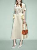 Elegant Wind V-Neck Waist-Skinny Dress 2025 New Niche Design Sense Splicing Three-Dimensional Flower Dress Woman 68HZ