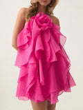 Temperament Sexy High-End Short Dress 2025 Summer New Hanging Neck Three-Dimensional Flower Design Strapped Sleeveless Dress 68HZ