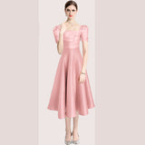 French Hepburn Style Temperament Pure Color Folds To The Waist Slim Hem Solid Color Dress Dress Summer 68HZ