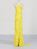 Elegant Wind One-Shoulder Dress Dress 2025 Summer New Splicing Wood Ear Slim Slim Open Fork Dress Woman 68HZ