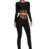 Black Long-Sleeved Round-Neck Two-Piece Set Mesh Yarn Hollow High-Waisted Trousers Burst Banding Dress Factory 68HZ