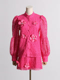 2025 New Design Embroidery Lace Fashion Suit Women Two Sets Of Lantern Sleeve Top + Casual Shorts Women 68HZ