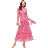 Vintage Style Collar Horn Long-Sleeved Water-So-Hook Flower Pink Dress Dress Summer And Autumn Women's New 2024 68HZ