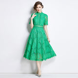 French High-End Lace Splicing Round Collar Dress Women's New Summer Waist Thin Temperament Big Swing Dress Dress 68HZ
