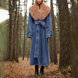 Spring 2025 New Fashion Temperament Detachable Wool Collar Long Denim Jacket Female With Belt Thin Windwear 68HZ