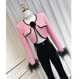Famous Wind Rose Flower Brooch Short Ostrich Coat High Waist Water Drill Chain Velvet Trumpet Trousers 68HZ
