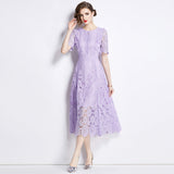 Summer Dress New Short-Sleeved Lace Dress Women's Long-Singed Flower Hollow Purple High-Waist Aa Skirt Thin 68HZ