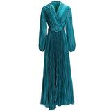 Vintage Style V-Neck Lantern Long-Sleeved With Blue Folded Dress Dress Dress Women's New Autumn/Winter 2024 68HZ